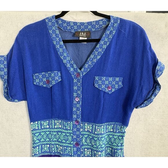 Vtg JSJ Petites Women Midi Dress Sz 12 Blue Linen Blend Short Sleeve 80 90s 92-5 - Picture 3 of 12